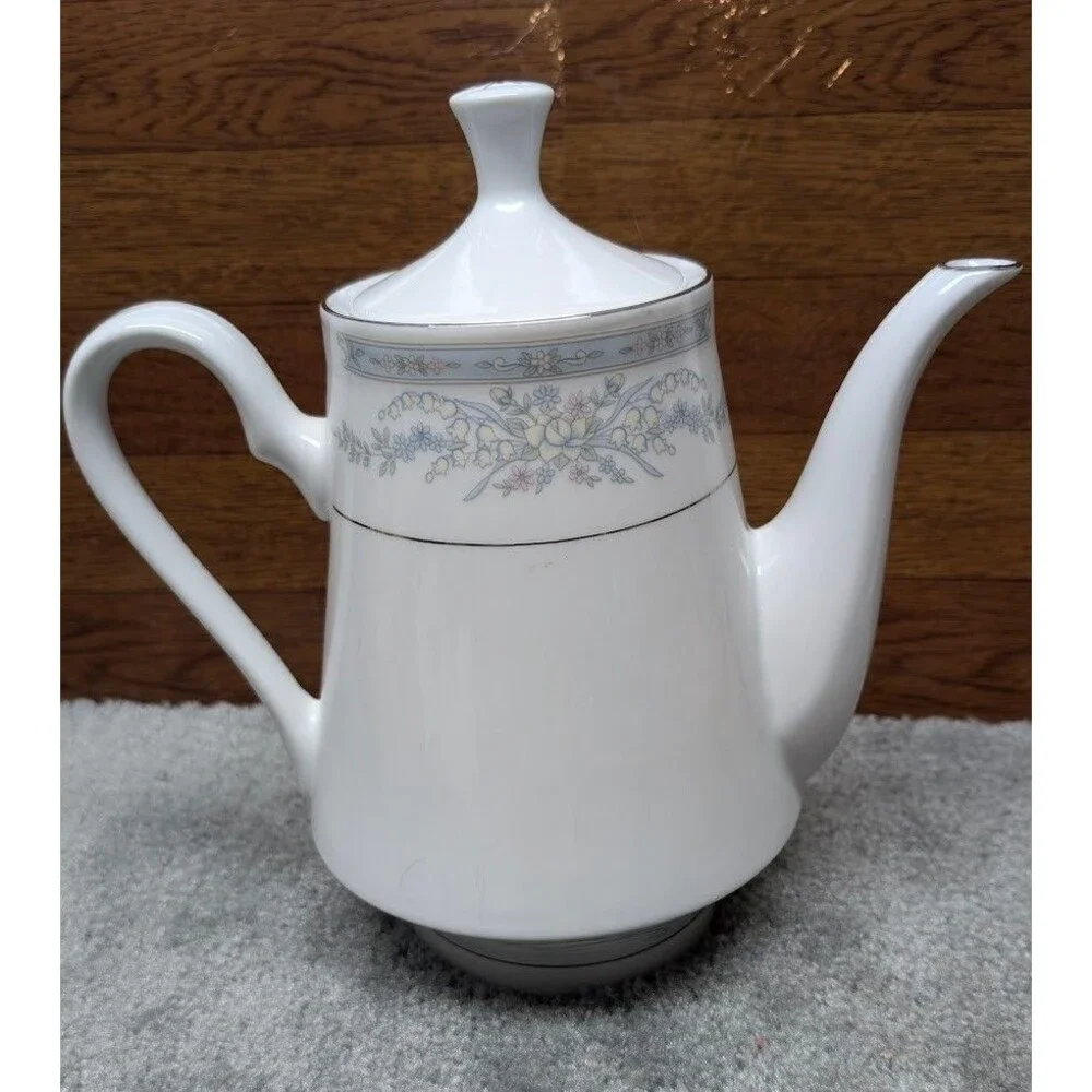 Crown Ming Fine China Diana Pattern Teapot Floral Band White Porcelain with Lid